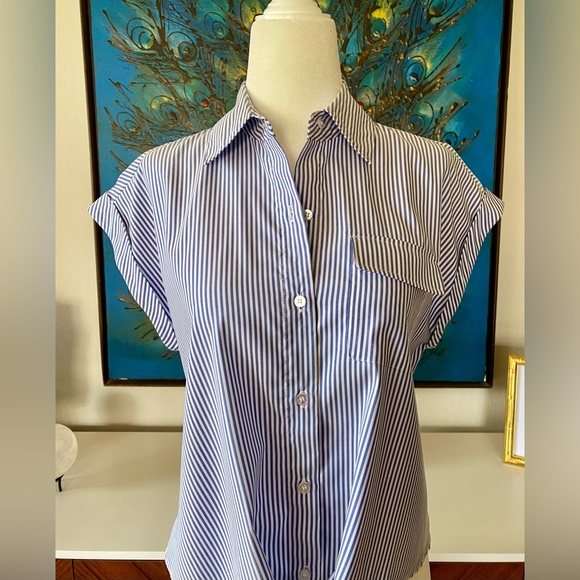 ANTONIO MELANI Poplin Front Tie Button Down Blouse | Blue White Stripe | Size XS - Picture 2 of 7